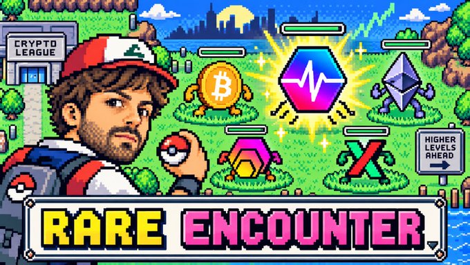 A pixel-art style graphic shows a character with a Pokéball near a 'CRYPTO LEAGUE' building, with various cryptocurrency logos including Bitcoin, Ethereum, and XRP displayed as wild creatures, with the text 'RARE ENCOUNTER' and 'HIGHER LEVELS AHEAD' visible.