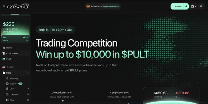 Screenshot of the Catapult website advertising a 'Trading Competition' offering prizes of up to $10,000 in $PULT, showing a competition balance of $1000.00, a countdown timer ending in 1h:39m:38s, and a current balance of $650.63 with a P&L of -$301.88.
