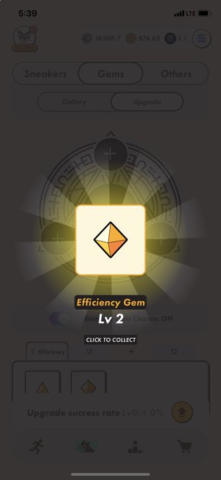 A mobile app screenshot showing an "Efficiency Gem Lv 2" ready to collect, with category tabs for Sneakers, Gems, and Others visible at the top.