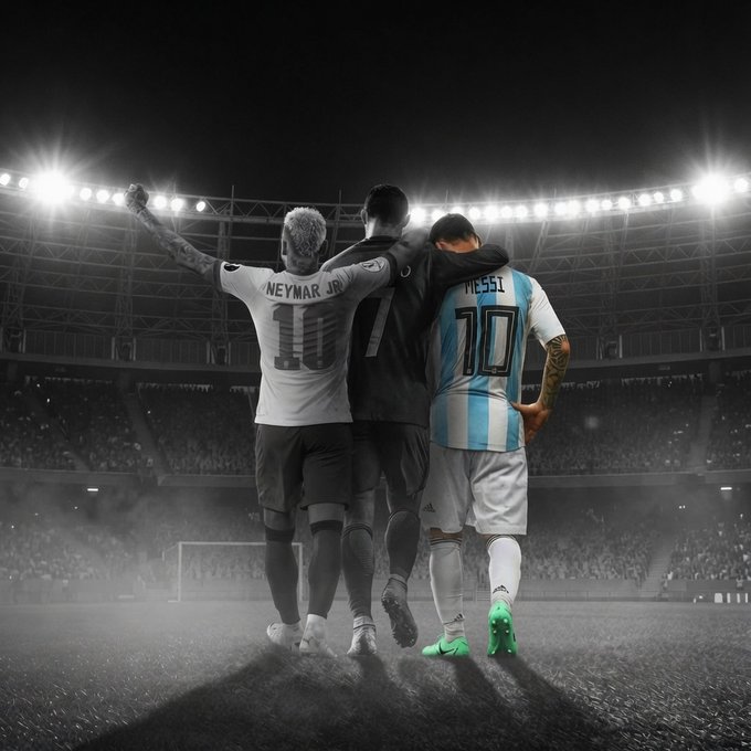 Three soccer players with arms around each other walk onto a stadium field, with jerseys reading "NEYMAR JR 10," "7," and "MESSI 10" — symbolizing the Messi-Neymar partnership being teased in a playful KuCoin announcement post.