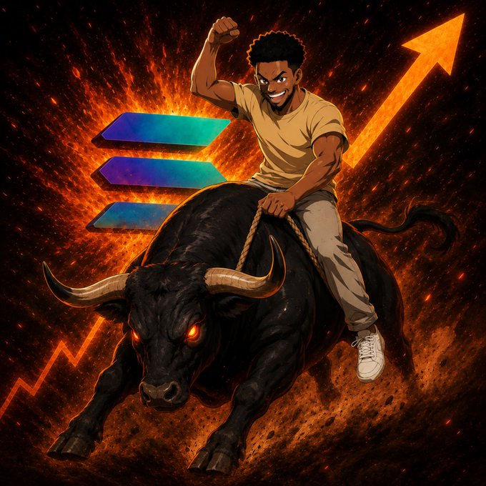 An anime-style illustration shows a man with a raised fist riding a charging black bull with glowing red eyes, set against a fiery background with an upward-pointing arrow and the Solana logo.