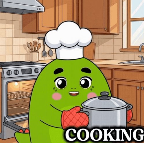 The image features a cartoon green dinosaur character wearing a chef's hat and holding a pot over an open oven door. The dinosaur appears to be cooking something, possibly a meal or a dish for its friends. The text "cooking" is written in the bottom right corner of the image, which suggests that this scene might be related to a post about cooking or food-related activities.