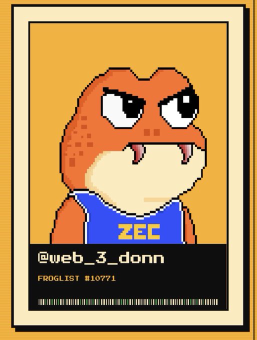 A pixel art ID card featuring an angry-looking frog character wearing a blue shirt labeled 'ZEC', with the username '@web_3_donn' and 'FROGLIST #10771'.