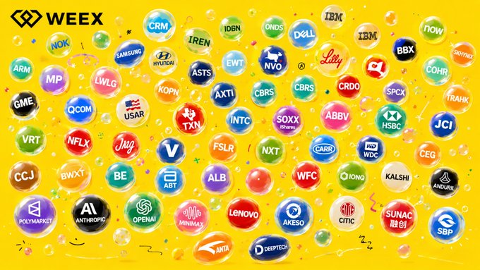 The image features a large yellow background with various logos, including those of Weex, IBM, Microsoft, and others. The logos are arranged in a grid-like pattern across the entire surface area of the image. The text "WEEX" is prominently displayed at the top left corner, while "IBM" and "Microsoft" can be found on the right side. Additionally, there's a small logo for "Tradfi", which appears to be a company or organization related to the Weex global network.