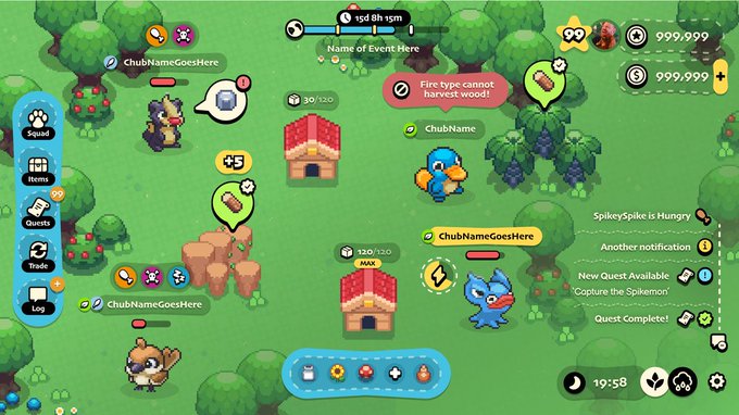 A screenshot of a mobile game displays a top-down village with character avatars, buildings, and resource counters, featuring placeholder text like 'ChubNameGoesHere' and 'Name of Event Here'.