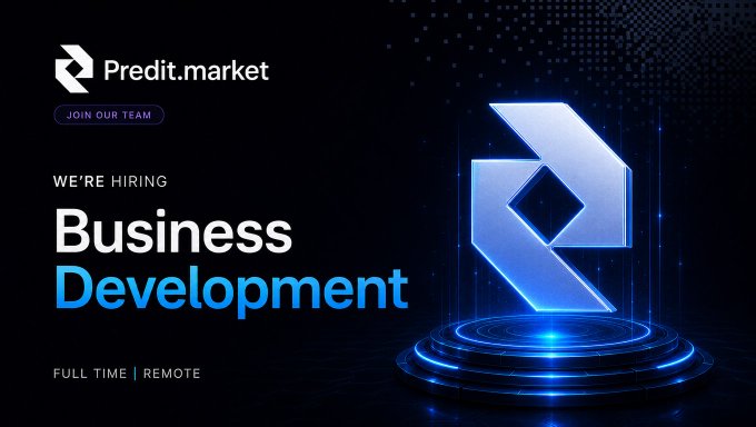 A job advertisement banner for Predit.market, a blockchain-based prediction market platform, announcing they are 'WE'RE HIRING' for a 'Business Development' position that is 'FULL TIME | REMOTE', featuring a glowing blue logo.