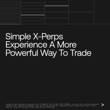 A minimalist black promotional graphic reads “Simple X-Perps Experience A More Powerful Way To Trade,” with a small arrow at the lower right.