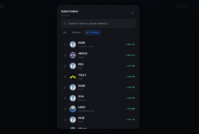 A 'Select token' interface lists cryptocurrency tokens under the 'Trending' tab, including DUKE (The Duke of Arc) at $16.769, ARGUS at $12.676, PEG at $5.908, TOLLY, DUKE, SYN, USDC, and FAZE.