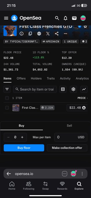 An OpenSea mobile app screenshot showing an NFT collection called 'First Class Frenchies' with a floor price of $22.48, a top offer of $12.20, and a 1D floor change of +113.6%.