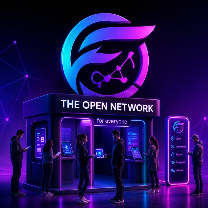 The image features a group of people standing around an Open Network booth, with some of them using their cell phones. The booth has a purple background and displays the Open Network logo. There are several individuals gathered at this event, possibly attending a tech conference or participating in a product launch.