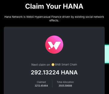 A promotional screenshot for 'Hana Network' (Web4 Hypercasual Finance) showing a 'Claim Your HANA' page with the text 'Next claim on BNB Smart Chain' and '292.13224 HANA' displayed, along with 'Claimed 3213.45484' and 'Total Allocation 3505.58888'.