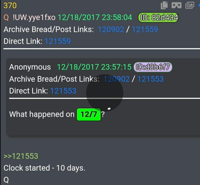 A dark-themed chat or forum log showing dated posts from 12/18/2017, with archive links (120902/121553, 120902/121559) and a question asking 'What happened on 12/7?', followed by a bot reply stating 'Clock started - 10 days.'