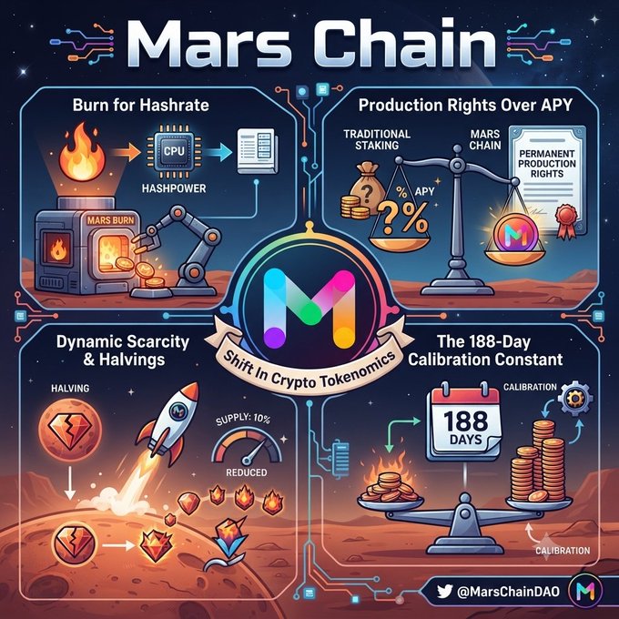 An infographic for 'Mars Chain' displays four sections about crypto tokenomics, including 'Burn for Hashrate,' 'Production Rights Over APY,' 'Dynamic Scarcity & Halvings,' and 'The 188-Day Calibration Constant,' with the Twitter handle '@MarsChainDAO.'