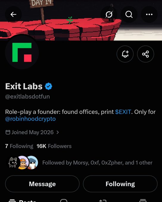 A Twitter/X profile page for 'Exit Labs' (@exitlabsdotfun) with the bio 'Role-play a founder: found offices, print $EXIT. Only for @robinhoodcrypto' and 16K followers.