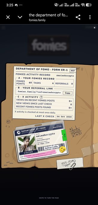 A screenshot from the "Department of FOMO" (fomies.family) showing a user's activity record with 40 FOMIES points and 4 referrals, along with a referral link for "aziesahcrypto" displayed on a stylized ID card.