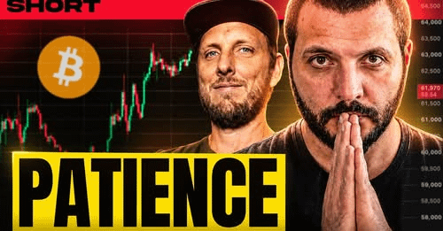 A YouTube thumbnail-style image with the word 'PATIENCE' showing two men beside a Bitcoin price chart around $61,970-$84,000.