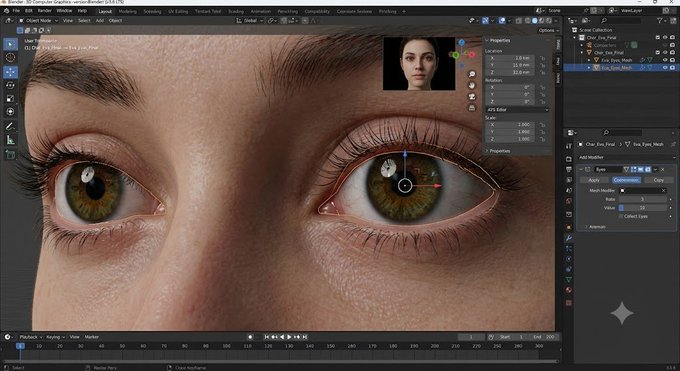 A Blender 3D software interface shows a detailed close-up of a woman's eyes and face being edited, with modifier panels on the right.