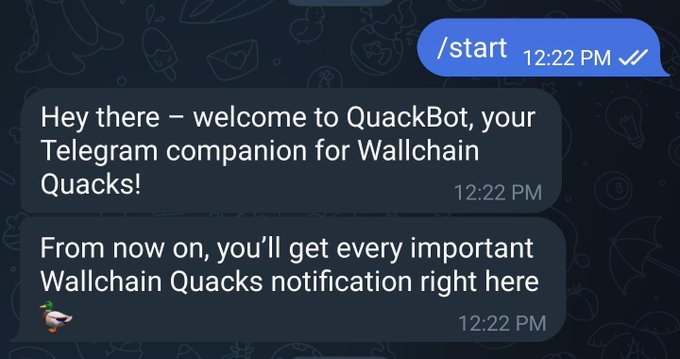 A Telegram chat screenshot showing a user starting the QuackBot, which welcomes them to receive Wallchain Quacks notifications.