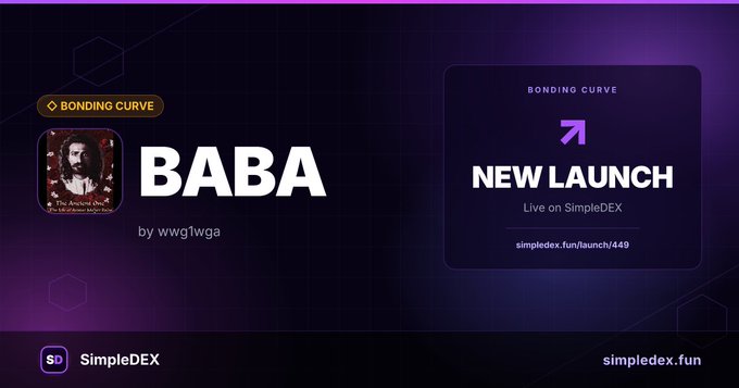 A purple-themed promotional banner announces the 'BABA' token new launch on SimpleDEX via a bonding curve, created by wwg1wga.