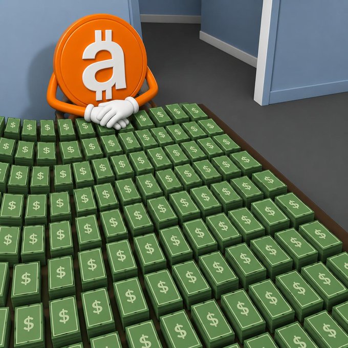 An orange coin character with clasped white-gloved hands sits behind a massive table stacked with bundles of green dollar bills marked with "$" symbols, set in a blue-walled room. The image visually represents the post's argument that $APARTMENT on BNB is undervalued at a $150K market cap, symbolizing wealth and potential financial upside despite its small cap.