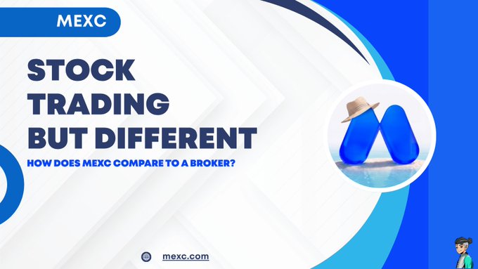 A promotional banner for MEXC featuring the text 'STOCK TRADING BUT DIFFERENT' and 'HOW DOES MEXC COMPARE TO A BROKER?' alongside an illustration of a blue pill-shaped character wearing a straw hat.