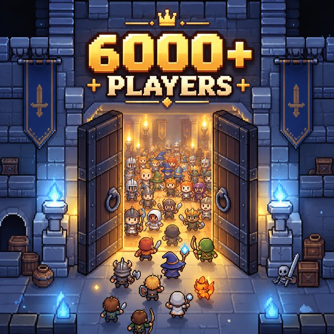 Pixel art game promotional image showing a castle entrance with crowds of fantasy characters and pixelated text reading '6000+ PLAYERS' with a crown icon above.