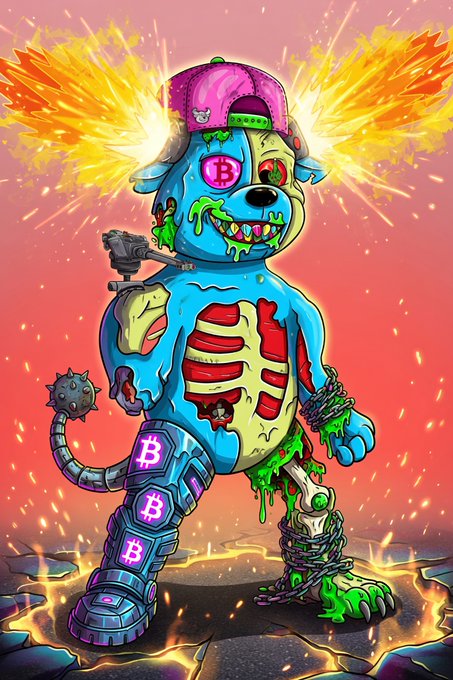 A cartoon-style illustration of a zombie bear wearing a pink cap, featuring exposed ribs, a spiked mace tail, and Bitcoin (B) logos, standing on cracked lava ground with fiery wings.