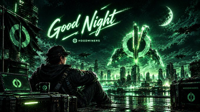 A green-tinted digital illustration titled "Good Night" by "HOODMINERS," depicting a soldier looking out over a futuristic city skyline with a crescent moon.