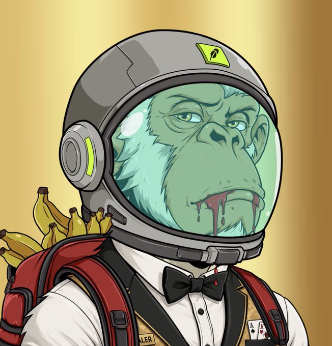 A cartoon-style NFT image of a green ape or gorilla wearing an astronaut helmet and a tuxedo with a bowtie, carrying bananas on its back.