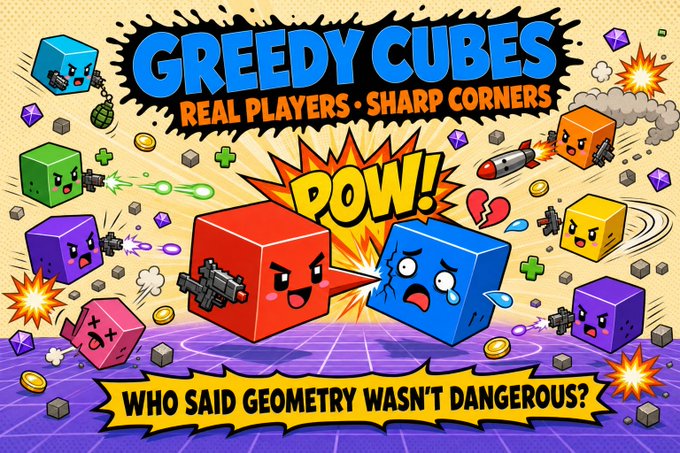 The image depicts a chaotic battle scene from the game "Greedy Cubes" where colorful cubes with weapons engage in combat, as highlighted by the text "GREEDY CUBES REAL PLAYERS SHARP CORNERS" and "POW!". The image directly reflects the game's description of fast-paced multiplayer matches where geometry is indeed dangerous.