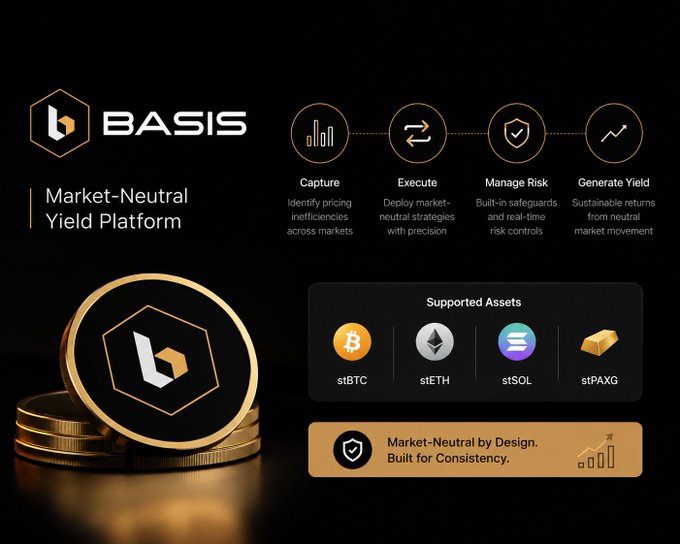 The image is a promotional graphic for BASIS, a "Market-Neutral Yield Platform," featuring the BASIS logo, stacked gold coins, and an outline of its four-step process—Capture, Execute, Manage Risk, and Generate Yield—along with supported assets including stBTC, stETH, stSOL, and stPAXG.

It complements the post by visually framing the "Market-Neutral by Design, Built for Consistency" platform that the author uses, reinforcing the message that BASIS's neutral strategy is designed so users shouldn't need to react to short-term DRR fluctuations.