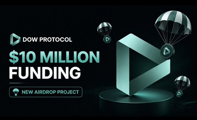 A promotional graphic for Dow Protocol announces "$10 MILLION FUNDING" and labels it a "NEW AIRDROP PROJECT," featuring the protocol's teal geometric logo on a pedestal with parachutes descending carrying the brand's emblem—visually reinforcing the airdrop concept and the $10.5M seed funding highlighted in the post.
