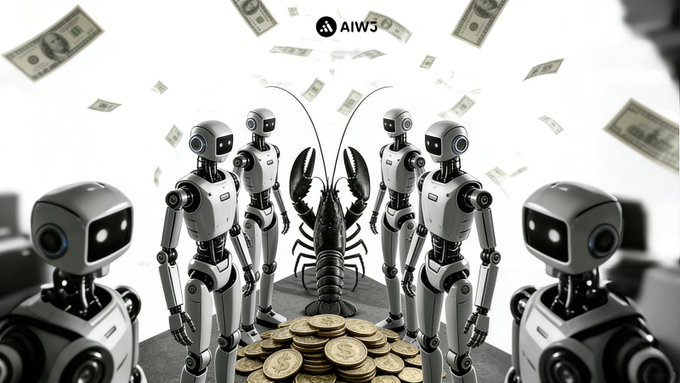 A digital illustration showing several humanoid robots and a lobster-like creature surrounding a pile of gold coins, with dollar bills falling from above and the 'AIWJ' logo at the top.