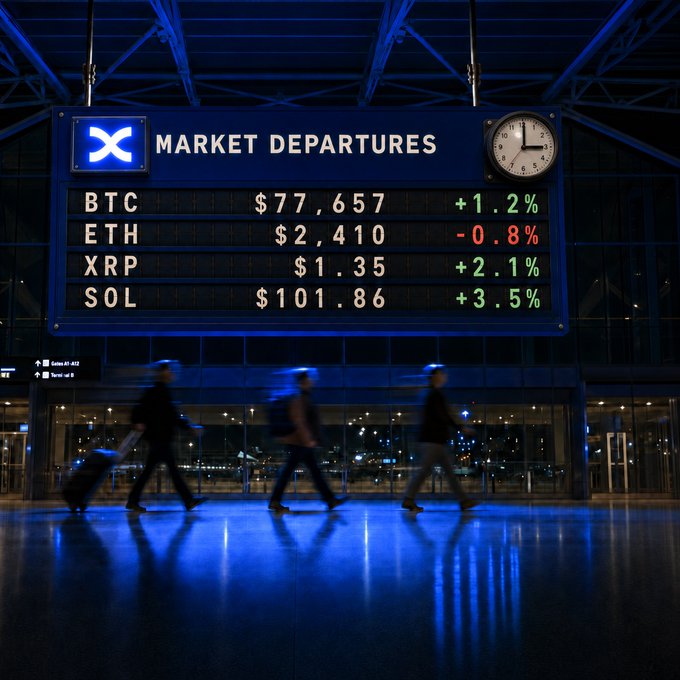 An airport-style "MARKET DEPARTURES" board displays crypto prices—BTC at $77,657 (+1.2%), ETH at $2,410 (-0.8%), XRP at $1.35 (+2.1%), and SOL at $101.86 (+3.5%)—as travelers with luggage walk beneath it. The board frames the crypto market as an airport terminal, perfectly echoing "next stop: higher" by suggesting each token is boarding a flight toward new highs.