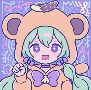 A cute chibi-style character with teal hair, large purple eyes, and purple bows wears an orange bear onesie with ears, set against a colorful doodled background.