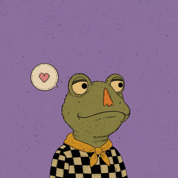 An illustration of a green frog character in a checkered shirt with a yellow neckerchief, with a speech bubble containing a pink heart against a speckled purple background.