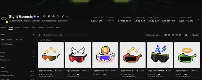 A screenshot of an NFT marketplace showing the 'Sight Genesis' collection with pixel-art sunglasses items, displaying ETH price and collection statistics.
