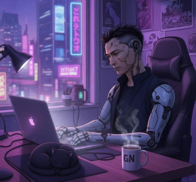 A cyberpunk-style illustration of a cyborg with facial scarring and a robotic arm working on a laptop at a desk, with a sleeping cat and a steaming mug labeled 'GN' nearby.