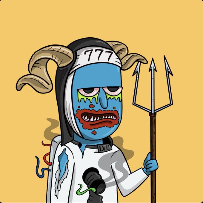 A cartoon devil-like figure with curved horns, blue skin, sharp toothy grin, and ragged white robes holds a pitchfork against a yellow background. The character wears a headband and collar marked "777" and "LVII," with a small companion peeking out from below, fitting the devilish theme of the "Happy MM" post.