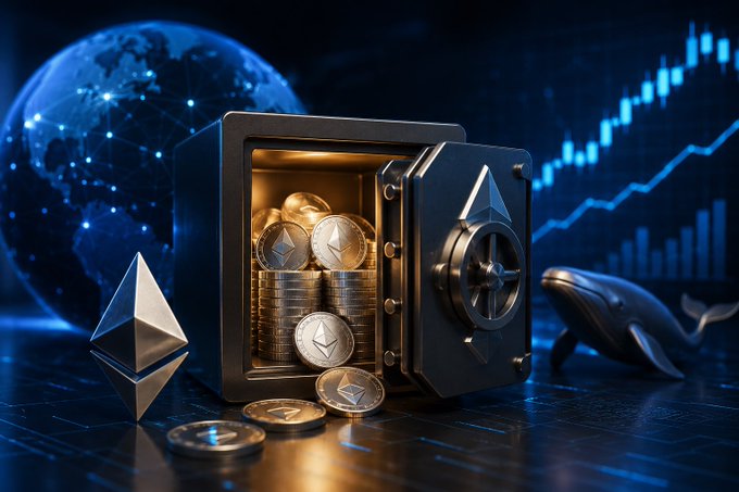 A digital safe filled with Ethereum coins sits open against a backdrop of a glowing globe and rising financial charts, symbolizing BMNR's massive $ETH holdings and bullish expansion. The Ethereum logos, whale figurine, and upward-trending graph visually reinforce Bitmine Immersion Technologies' growing crypto treasury and stock repurchase strategy.