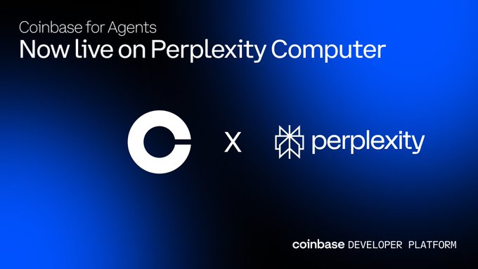 A promotional graphic with a blue gradient background announces "Coinbase for Agents Now live on Perplexity Computer," featuring the Coinbase "C" logo and Perplexity logo separated by an "x" to denote the partnership, with "coinbase DEVELOPER PLATFORM" branded at the bottom.