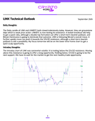 A slide titled 'LINK Technical Outlook' dated September 26th, featuring text about Chainlink's price stability between $15 and $20 and a daily chart showing price action.