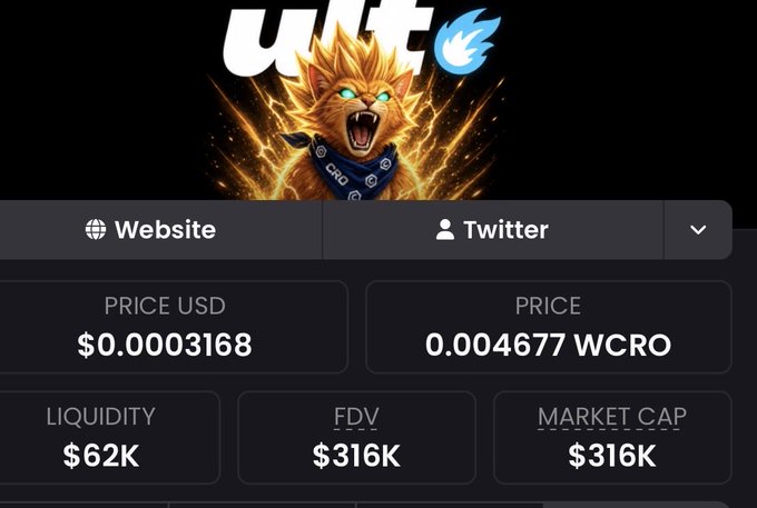 A cryptocurrency token page showing a roaring lion mascot with the ticker 'WCRO', priced at $0.0003168 USD (0.004677 WCRO), with $62K liquidity, $316K FDV, and $316K market cap.