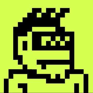 A minimalist pixel art icon of a person wearing sunglasses and a crown on a bright yellow-green background, resembling a retro 8-bit avatar.