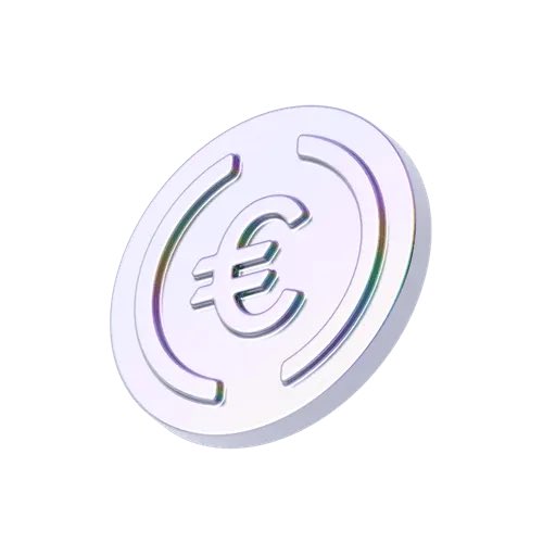 A 3D rendered illustration of a Euro (€) coin, white with iridescent highlights, shown from an angled perspective against a plain white background.