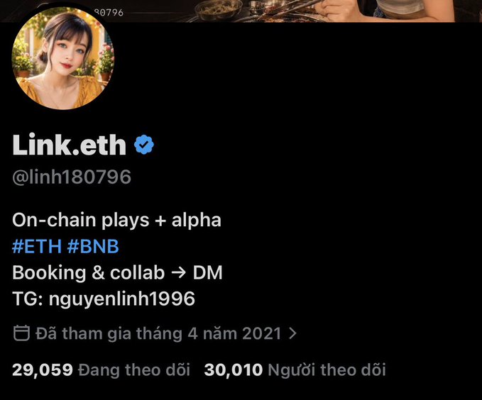 A Twitter/X profile screenshot for 'Link.eth' (@linh180796), describing on-chain plays and alpha, with tags #ETH #BNB, and showing 30,010 followers.