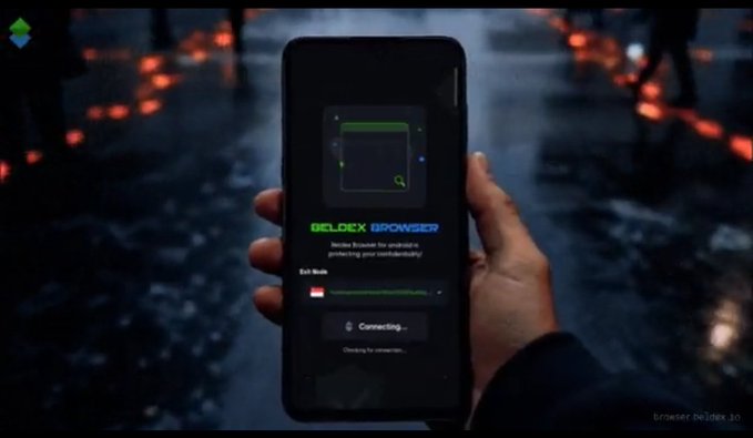 Promotional image of a hand holding a smartphone displaying 'BELDEX BROWSER' with 'Securing browser for analysis, protecting your confidentiality' and 'Exit Node' interfaces.