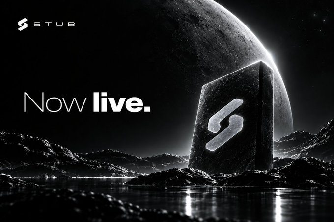 A promotional graphic reading "Now live." featuring the StubHub 'S' logo on a monolith, set against a black and white moonlit landscape with a large moon.