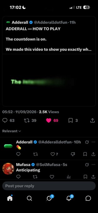 A Twitter/X post from Adderall (@Adderalldotfun) titled 'ADDERALL — HOW TO PLAY' teasing a countdown video with 2.5K views, showing 63 comments, 39 retweets, and 69 likes.