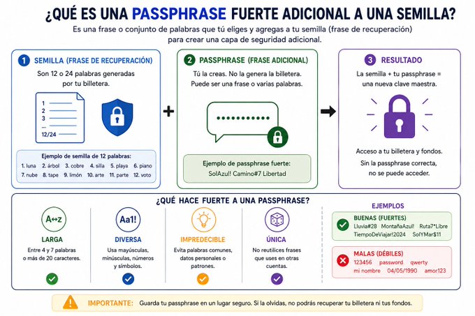 This infographic explains how a strong passphrase adds an extra layer of security to your Bitcoin seed phrase, creating a master key for wallet access. It details what makes a passphrase strong, provides examples of good and bad passphrases, and emphasizes the importance of secure storage.
